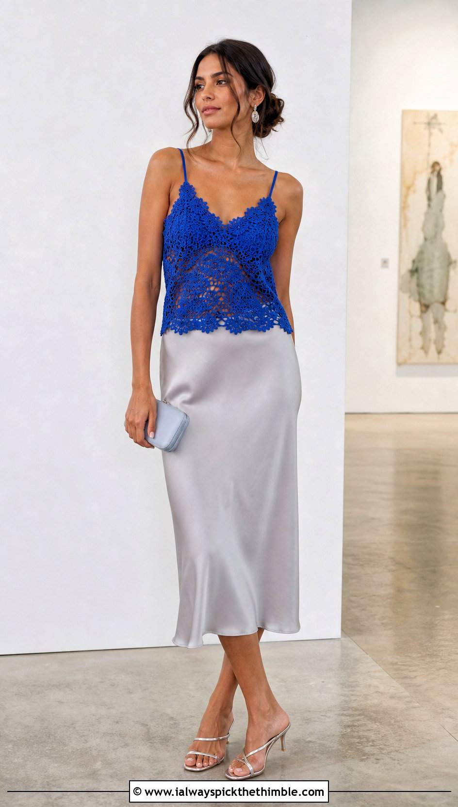 Lace Mesh Crochet Cami With Satin Midi Skirt - 25 crochet thread top outfit ideas