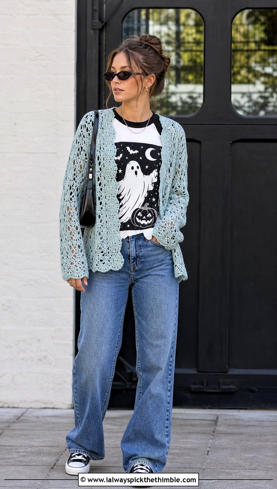 Lace Mesh Crochet Cardigan With Graphic Tee And Jeans - 20 halloween crochet cardigan outfit ideas