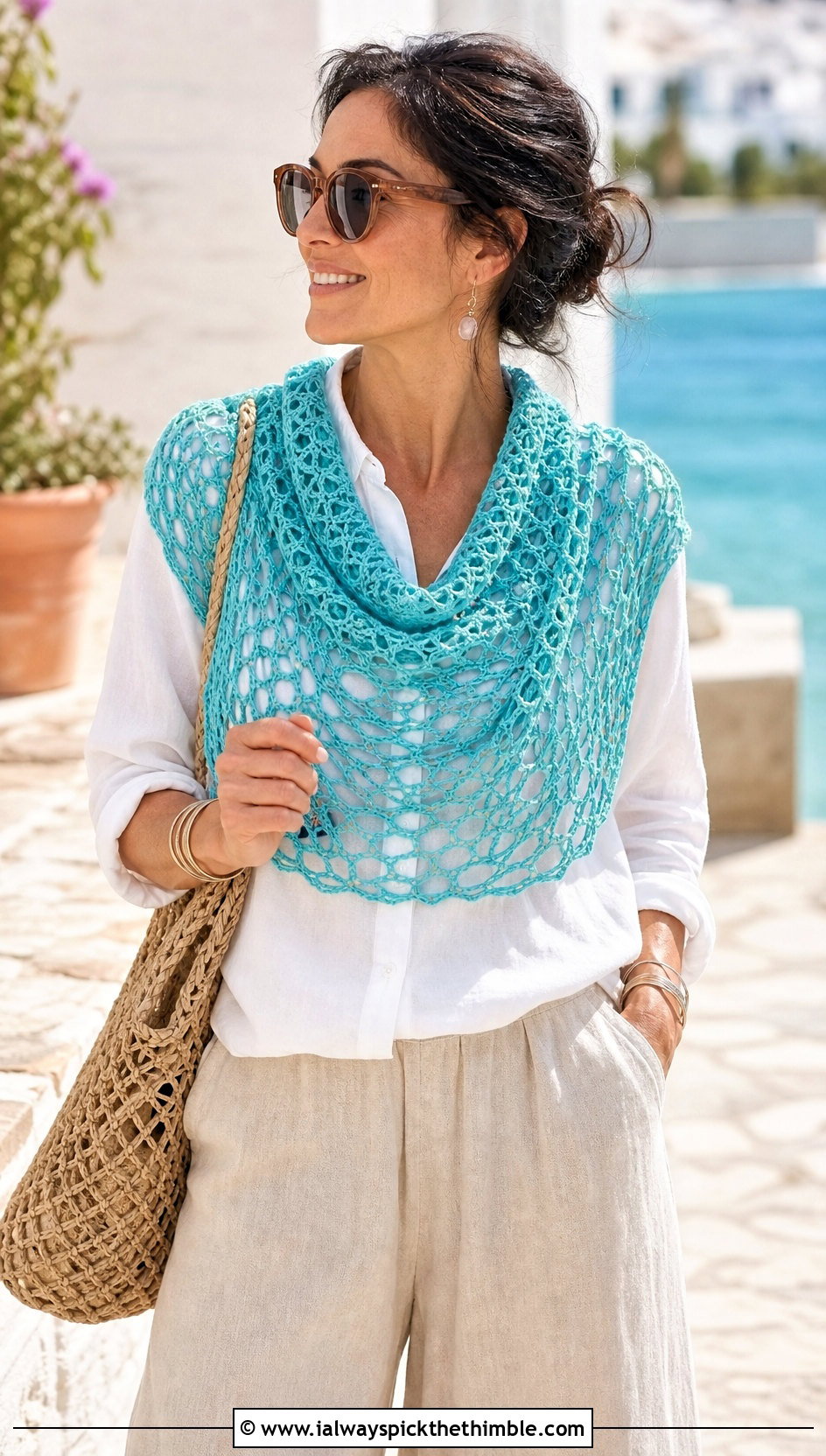 Lace Mesh Crochet Cowl Shawl With Linen Shirt - 20 crochet cowl shawl outfit ideas