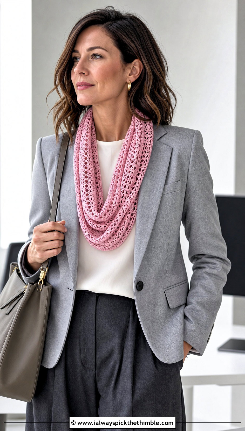 Lace Mesh Crochet Cowl With Blazer - 25 crochet cowl neck warmer outfit ideas