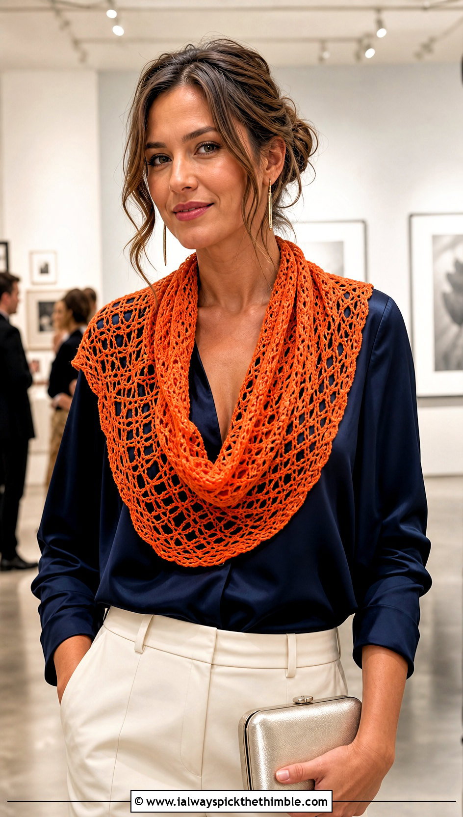 Lace Mesh Crochet Cowl With Satin Blouse - 25 crochet cowl outfit ideas