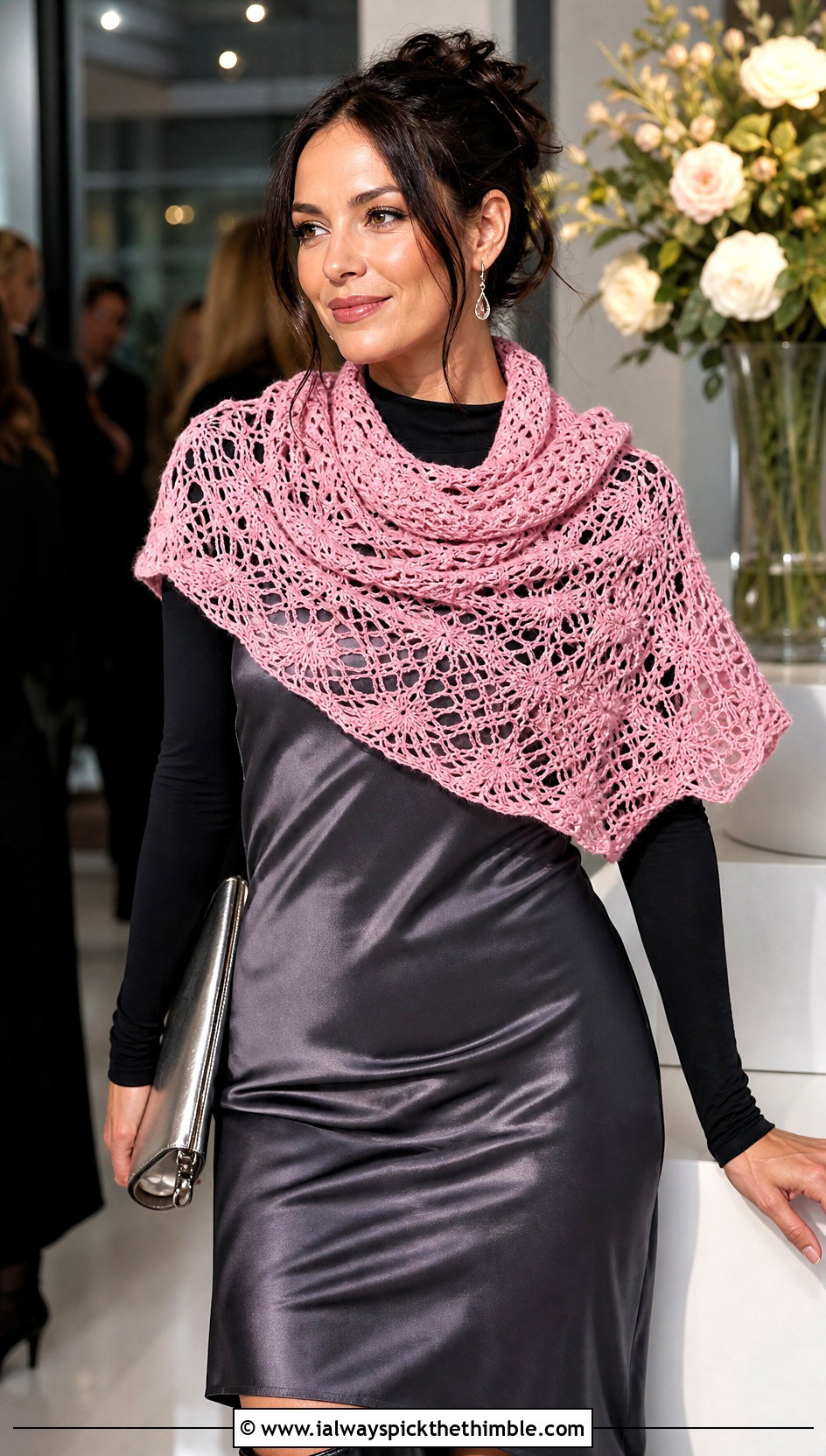 Lace Mesh Crochet Cowl With Slip Dress - 20 cowl crochet scarf outfit ideas