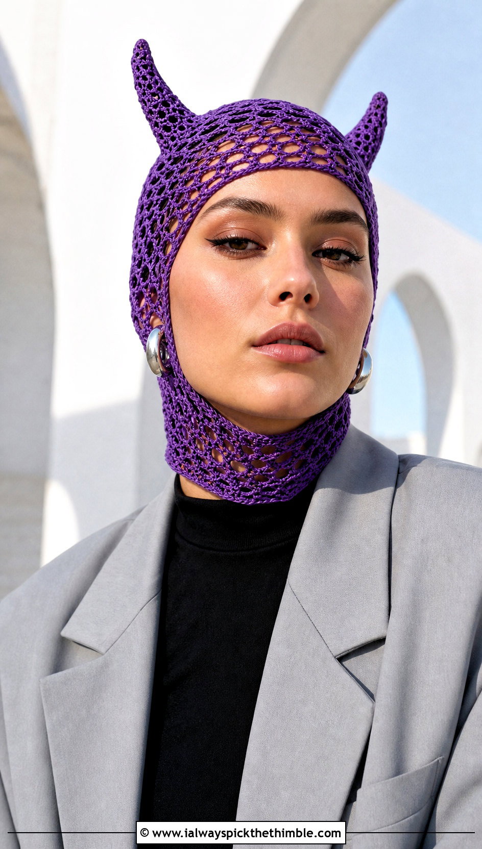 Lace Mesh Crochet Devil Horn Balaclava With Oversized Suit - 20 crochet devil horn balaclava outfit ideas
