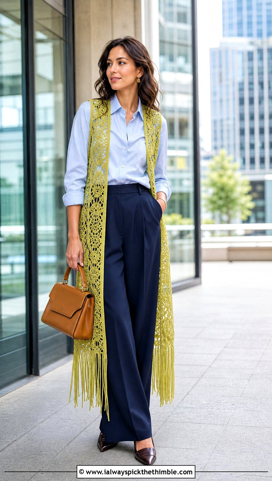 Lace Mesh Crochet Duster Vest With Tailored Trousers - 15 long crochet vest with fringe outfit ideas