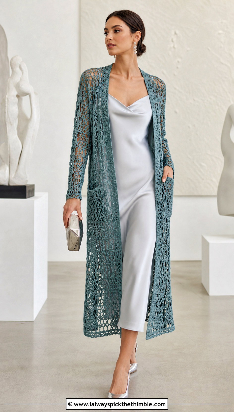 Lace Mesh Crochet Duster With Satin Slip Dress - 15 crochet long cardigan with pockets outfit ideas