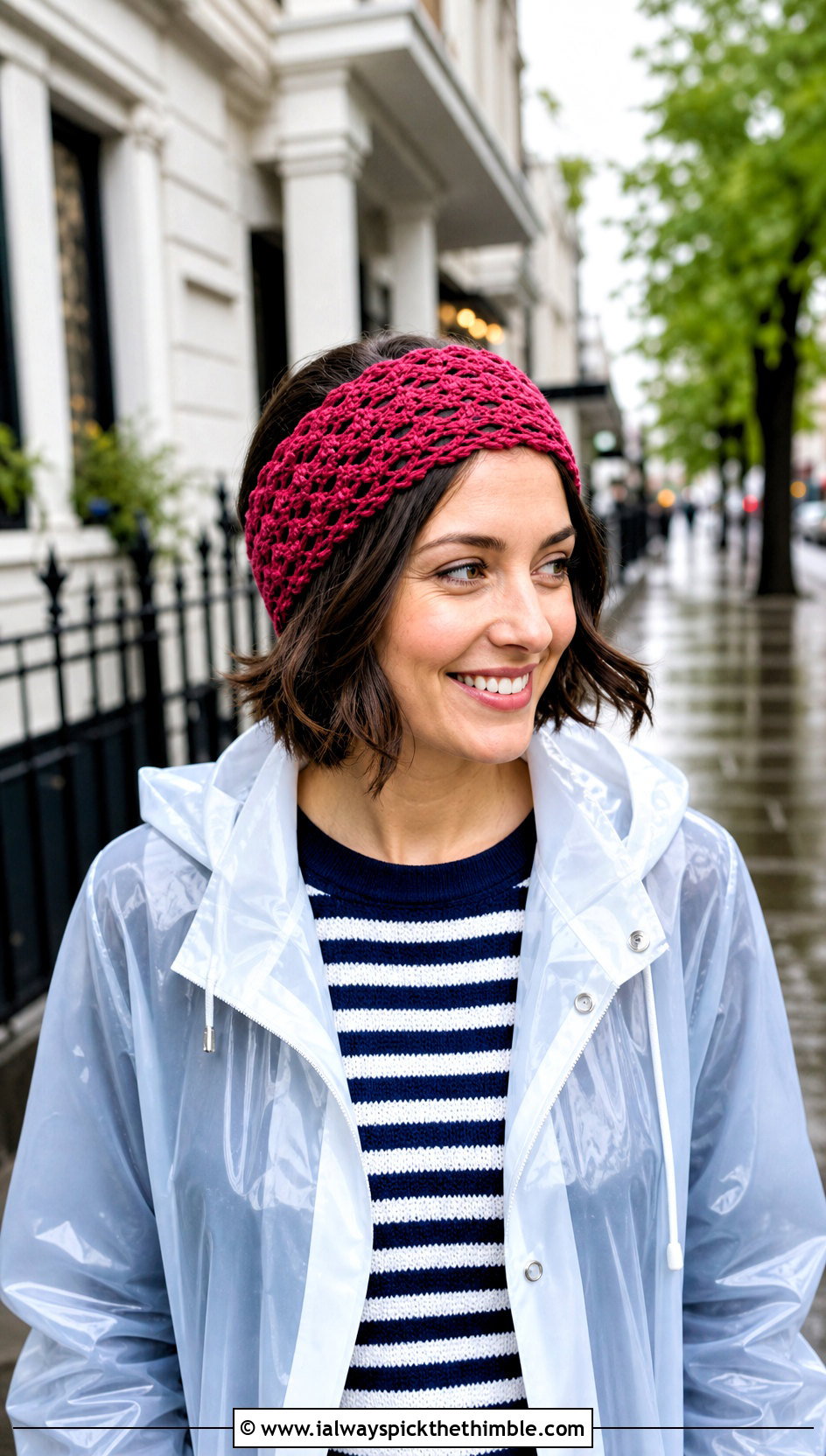 Lace Mesh Crochet Ear Warmer Headband With Raincoat - 20 crochet ear warmer headband outfit ideas
