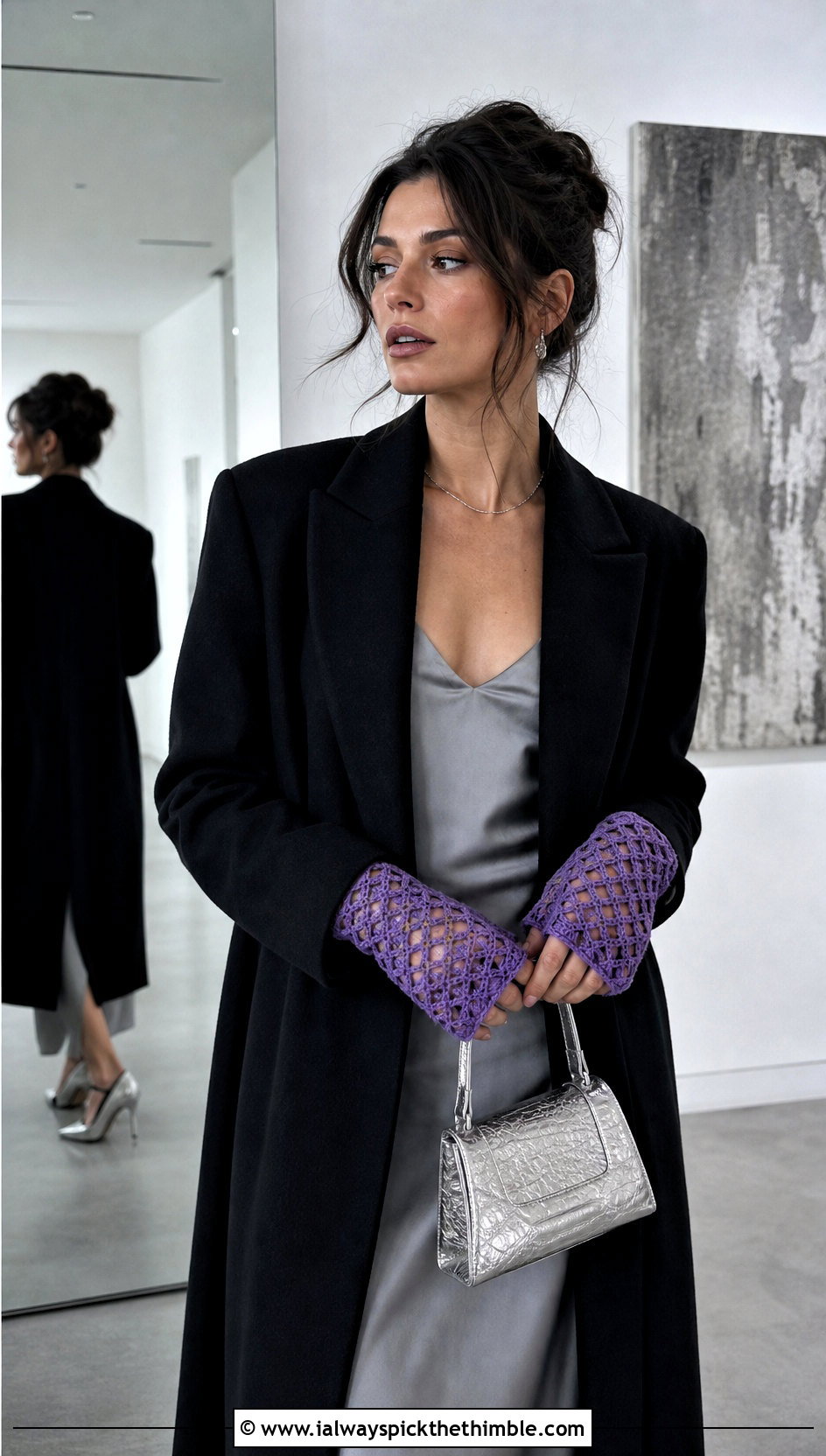 Lace Mesh Crochet Fingerless Mittens With Satin Slip Dress And Coat - 20 crochet fingerless mittens outfit ideas