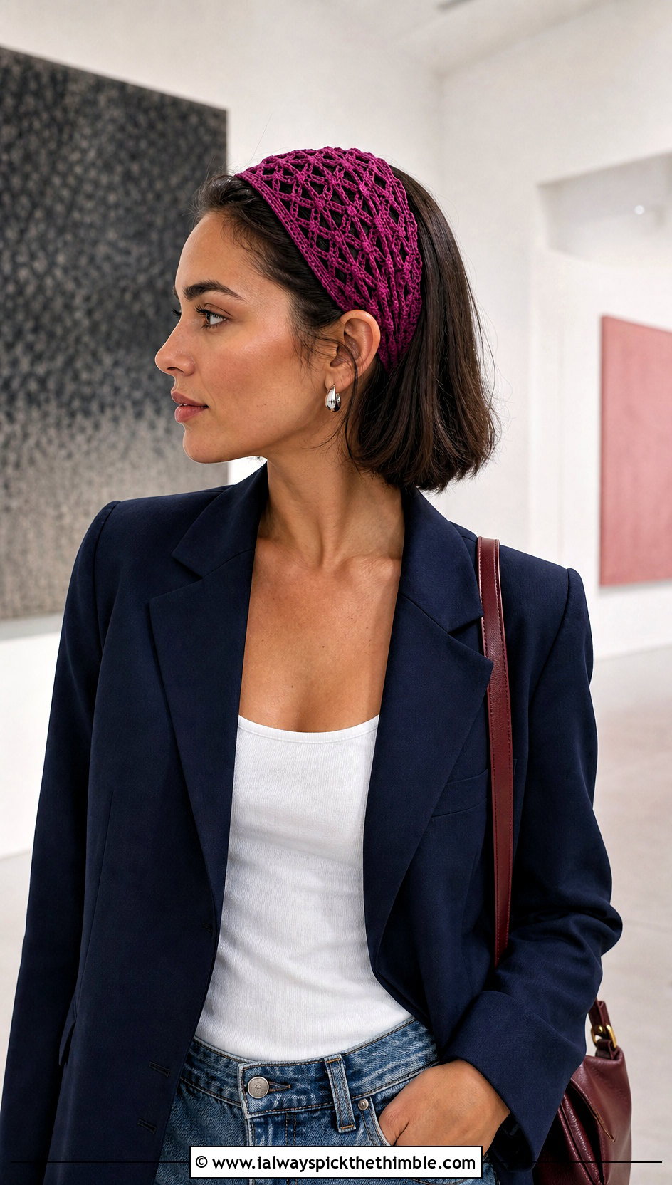 Lace Mesh Crochet Headband With Blazer And Jeans - 25 simple crochet headband outfit ideas