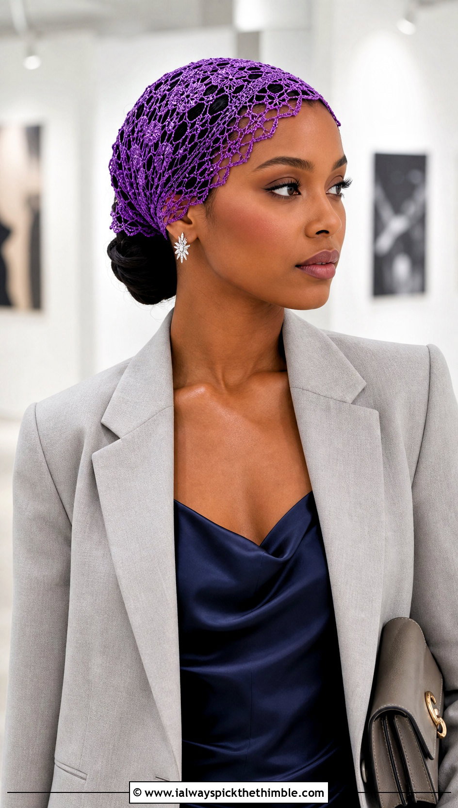 Lace Mesh Crochet Headwrap With Slip Dress And Blazer - 25 crochet headwrap outfit ideas