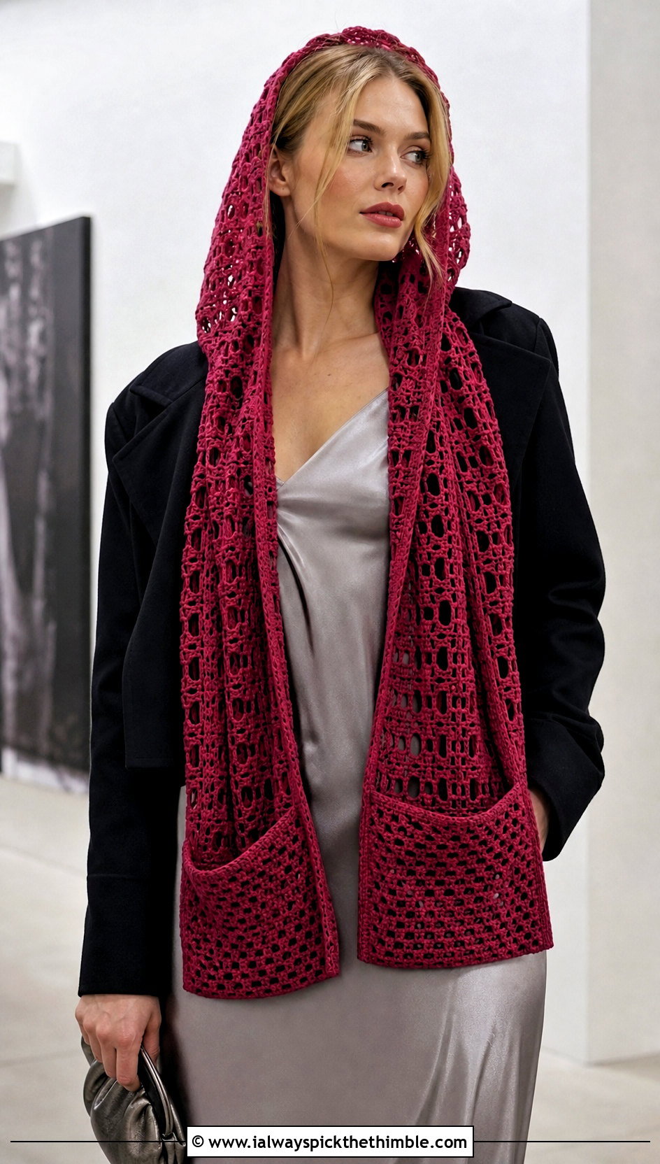Lace Mesh Crochet Hooded Pocket Scarf With Slip Dress - 20 crochet hooded pocket scarf outfit ideas