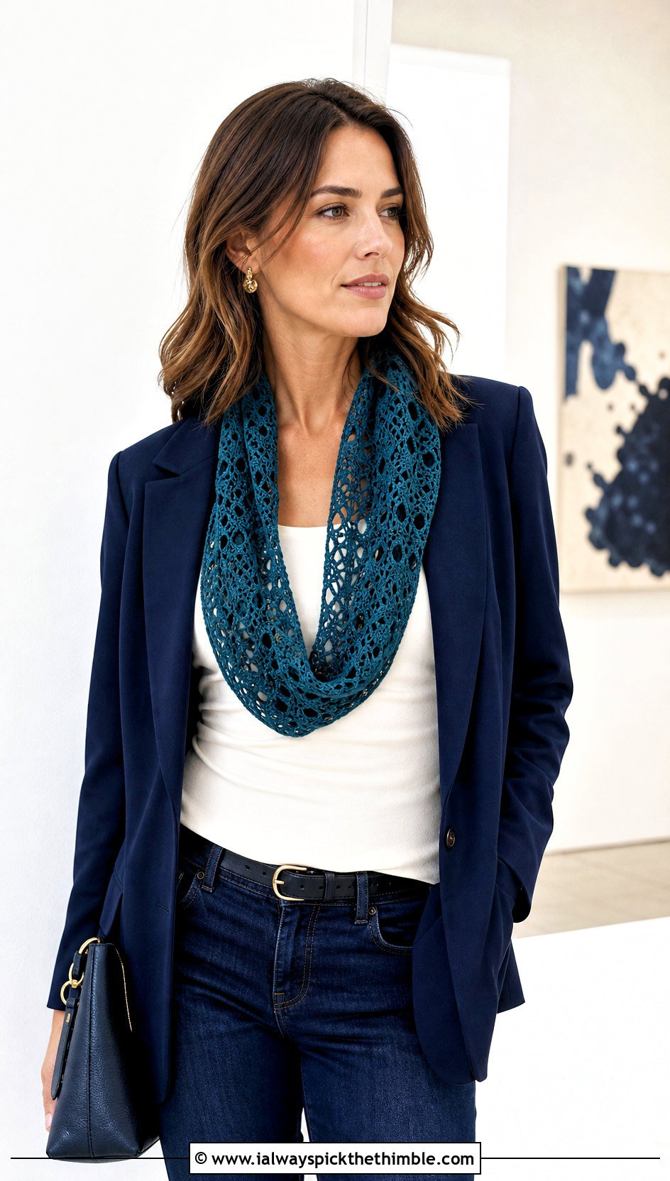 Lace Mesh Crochet Infinity Scarf With Blazer And Jeans - 20 infinite crochet scarf outfit ideas