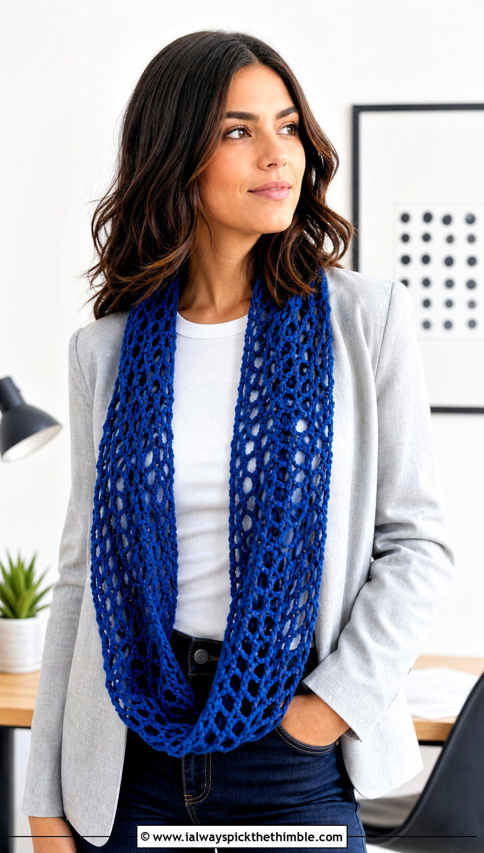 Lace Mesh Crochet Infinity Scarf With Blazer And Jeans - 25 crochet infinity scarf outfit ideas
