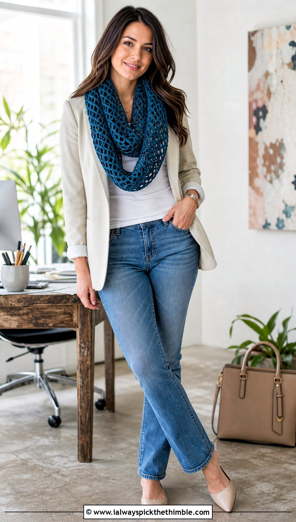 Lace Mesh Crochet Infinity Scarf With Blazer And Jeans - 20 crochet infinity scarves outfit ideas