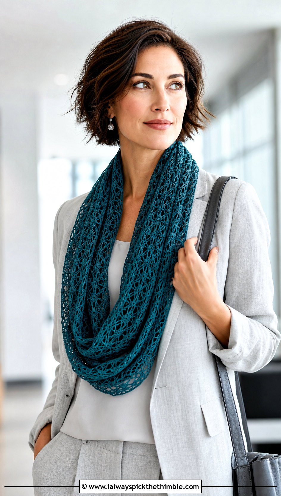 Lace Mesh Crochet Infinity Scarf With Linen Suit - 20 easy crochet infinity scarf outfit ideas