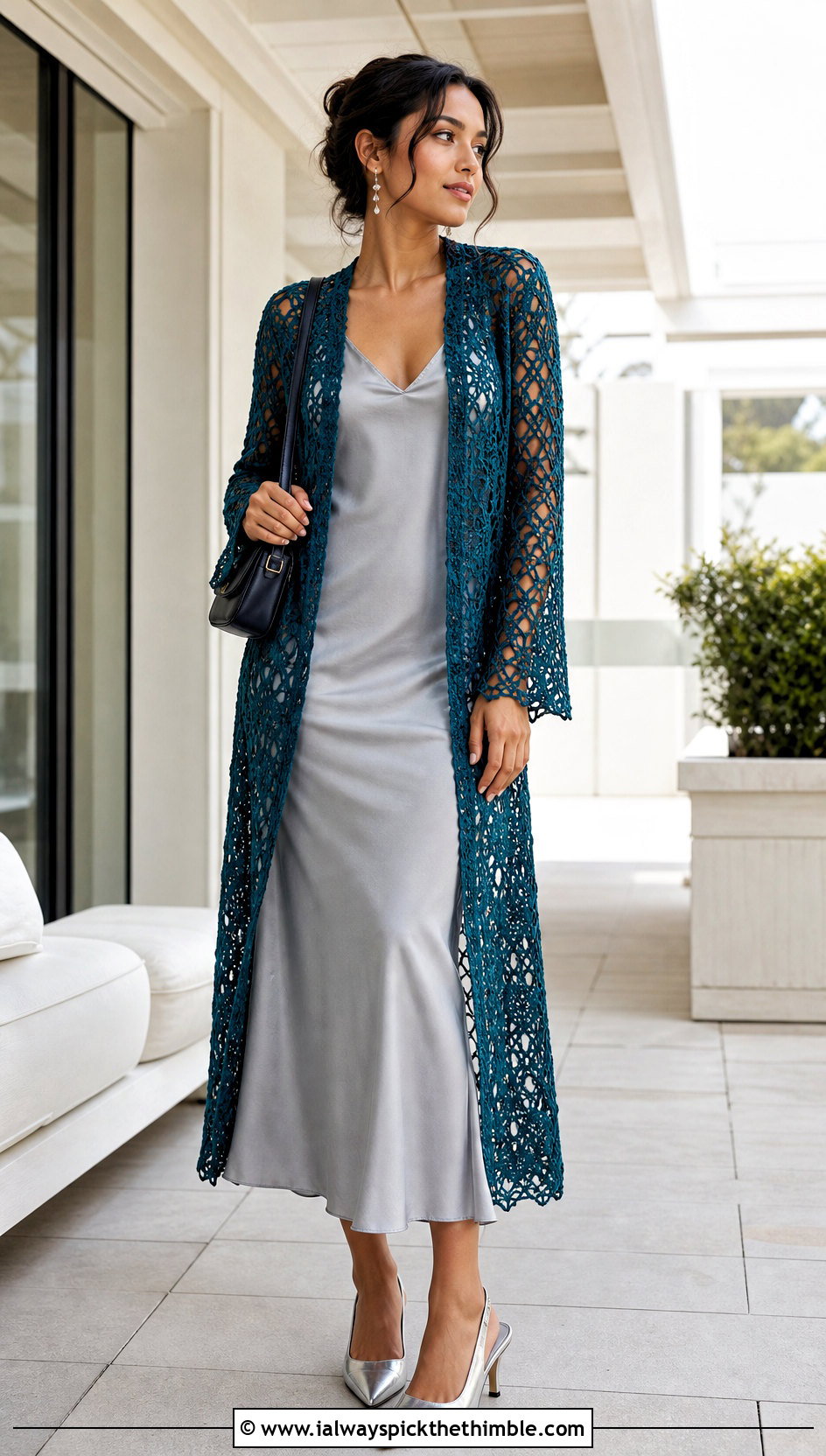 Lace Mesh Crochet Long Jacket With Satin Slip Dress - 25 crochet long jacket outfit ideas