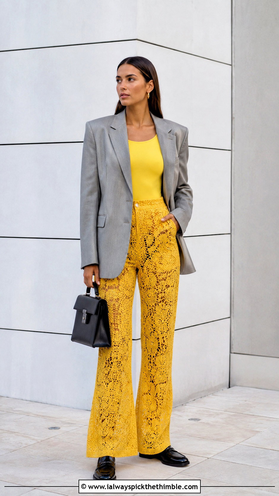 Lace Mesh Crochet Long Pants With Oversized Blazer - 20 Crochet Long Pants outfit ideas