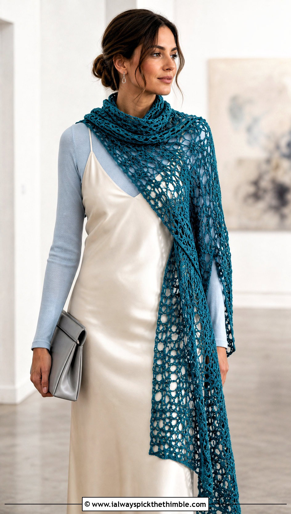 Lace Mesh Crochet Long Scarf With Slip Dress - 20 Crochet Long Scarf outfit ideas