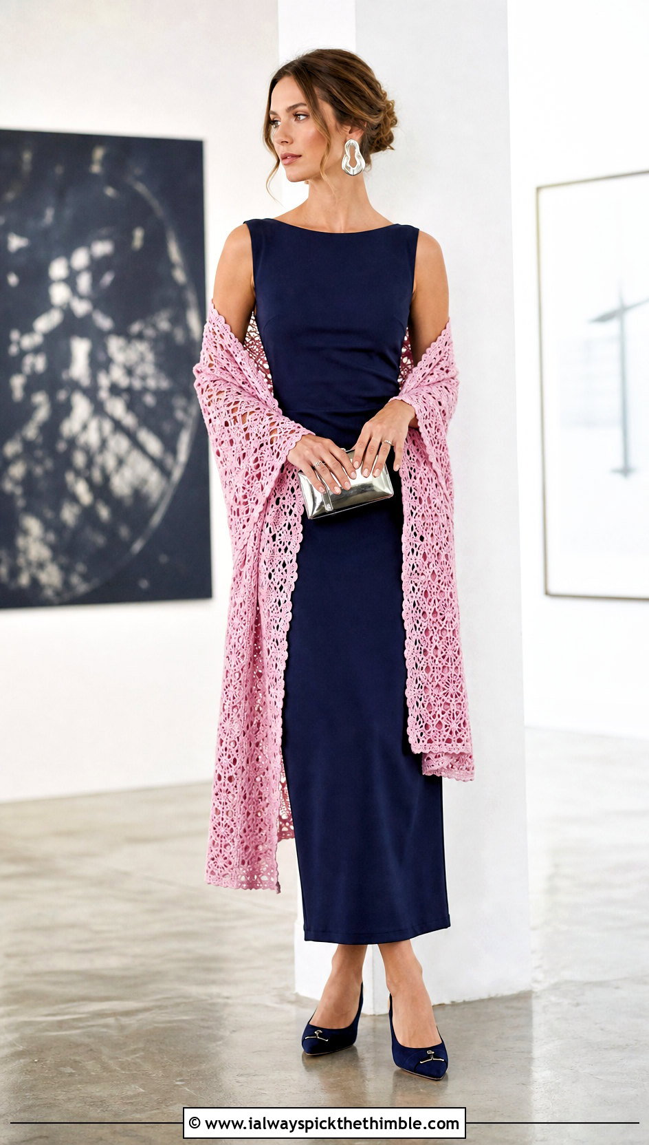 Lace Mesh Crochet Long Shawl With Column Dress - 20 Crochet Long Shawl outfit ideas