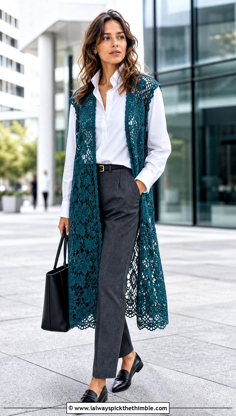 Lace Mesh Crochet Long Vest With Tailored Trousers - 25 Crochet Long Vest outfit ideas