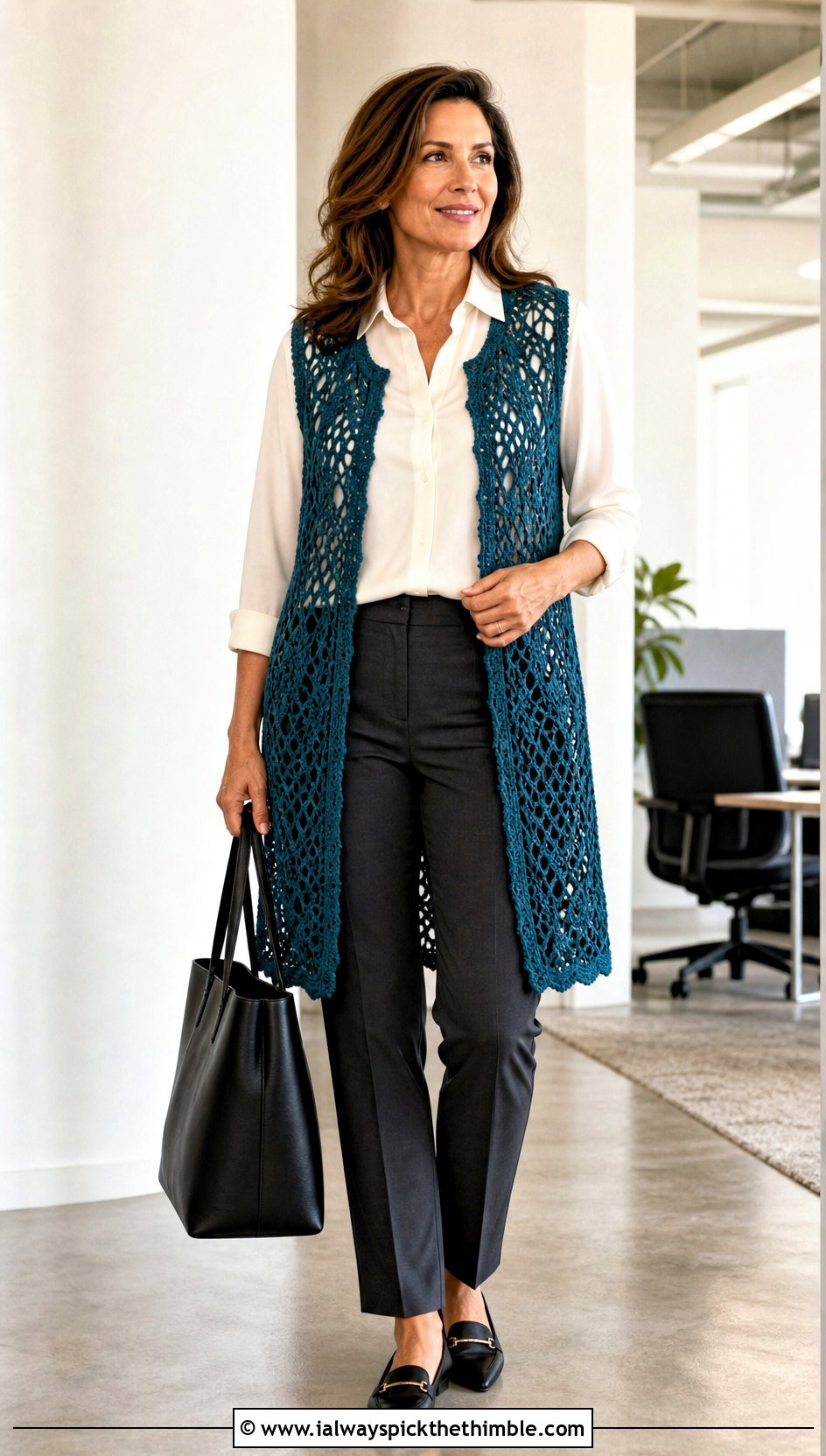 Lace Mesh Crochet Long Vest With Tailored Trousers - 20 Easy Crochet Long Vest outfit ideas