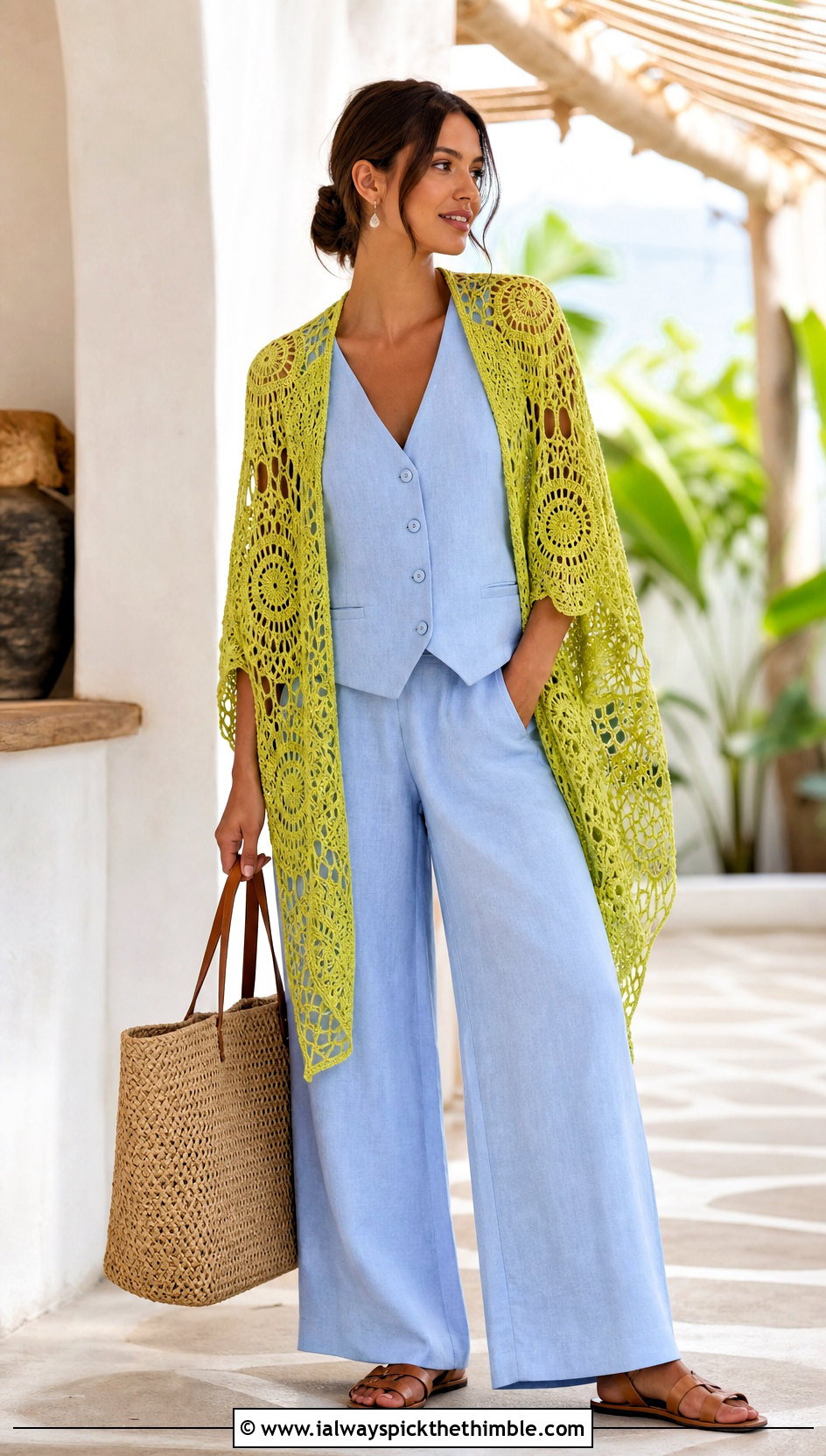 Lace Mesh Crochet Mandala Shawl With Linen Set - 20 Crochet Mandala Shawl outfit ideas