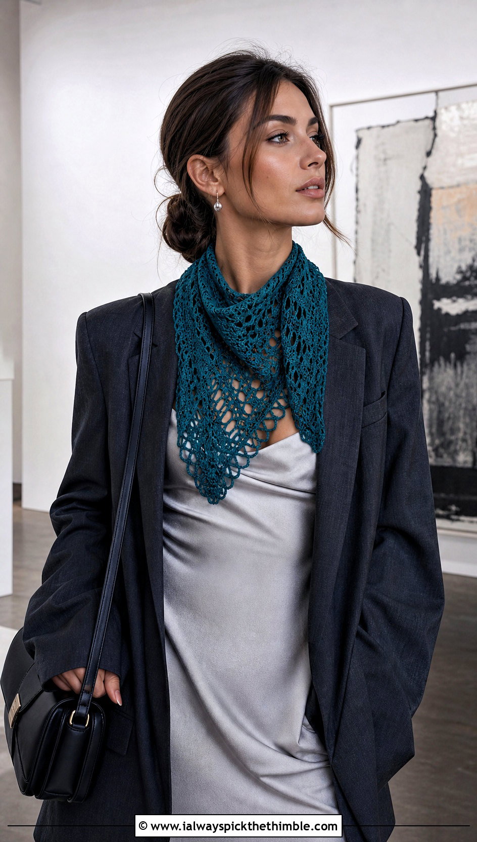 Lace Mesh Crochet Mini Scarf With Slip Dress And Blazer - 25 crochet mini scarf outfit ideas
