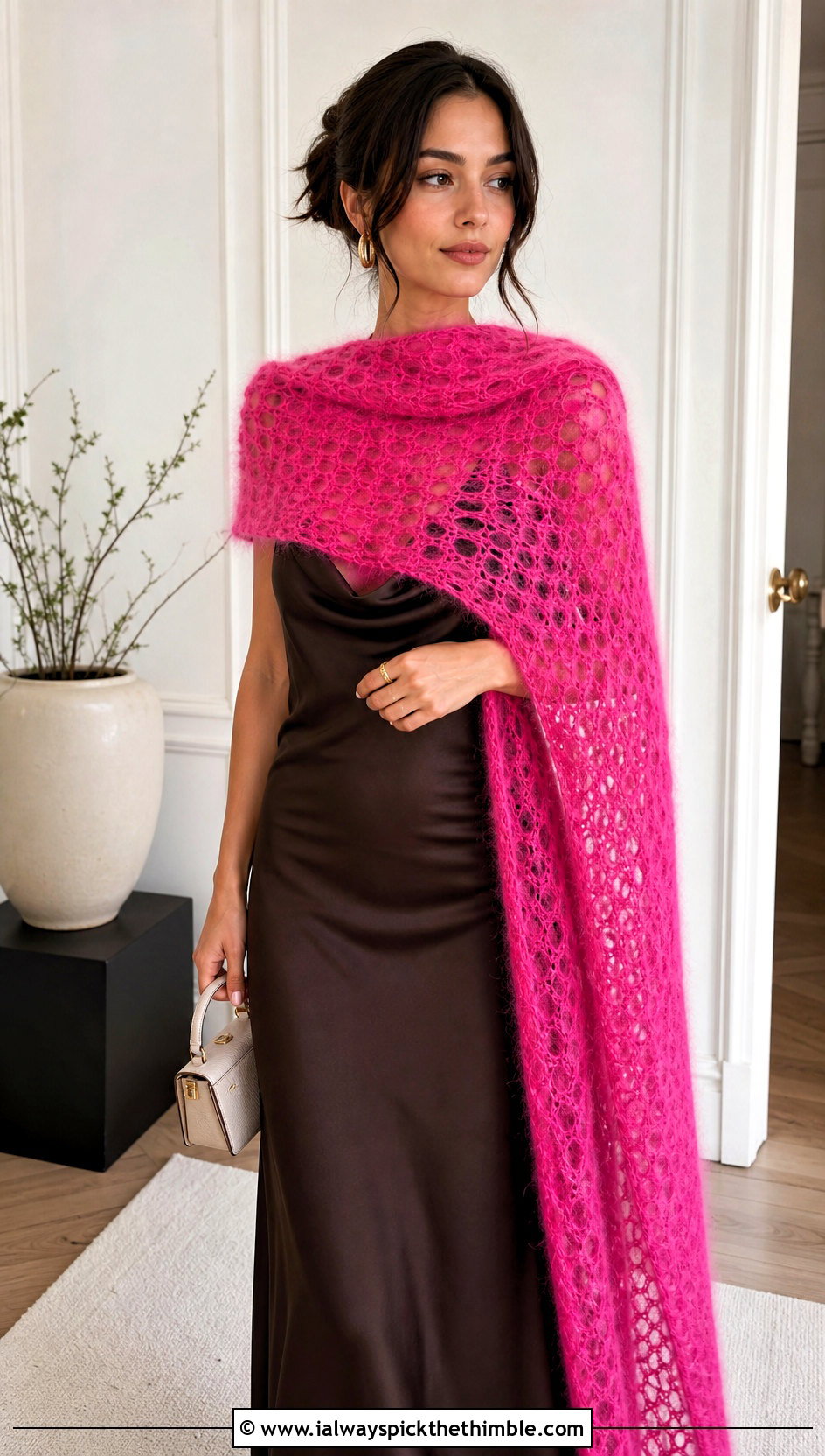 Lace Mesh Crochet Mohair Scarf With Slip Dress - 20 crochet mohair scarf outfit ideas