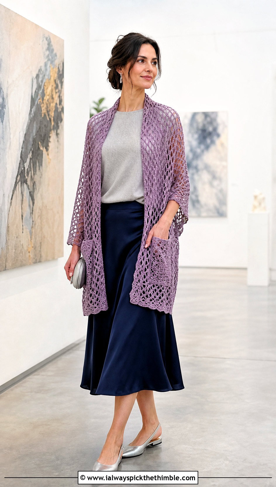 Lace Mesh Crochet Pocket Shawl With Satin Midi Skirt - 25 crochet pocket shawl outfit ideas