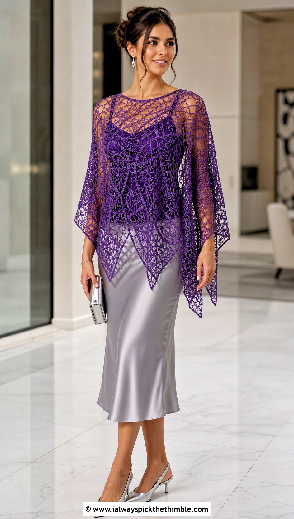 Lace Mesh Crochet Poncho With Satin Midi Skirt - 25 crochet poncho outfit ideas