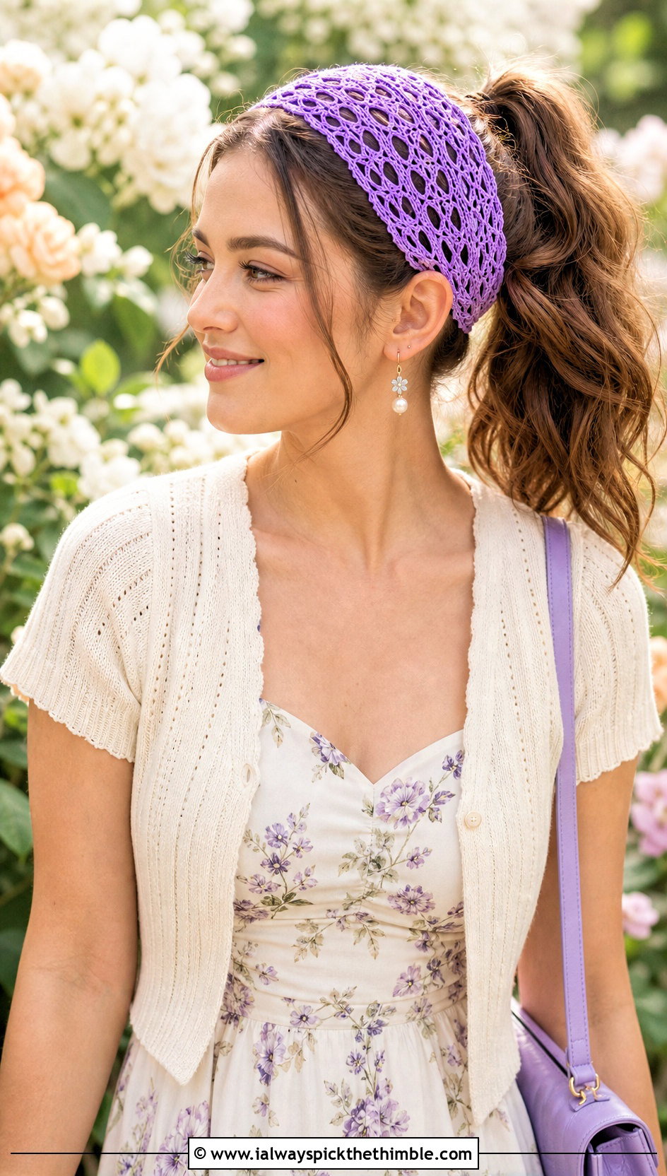 Lace Mesh Crochet Ponytail Headband With Floral Dress - 20 Crochet Ponytail Headband outfit ideas