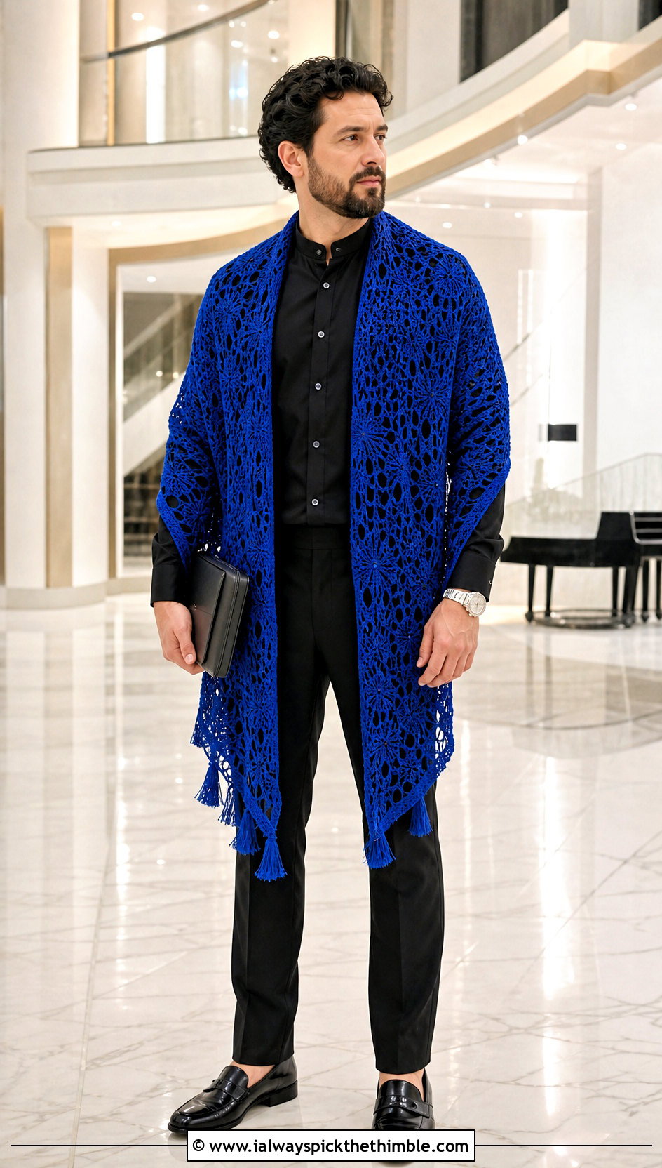 Lace Mesh Crochet Prayer Shawl With An Evening Outfit - 20 Mens Crochet Prayer Shawl outfit ideas
