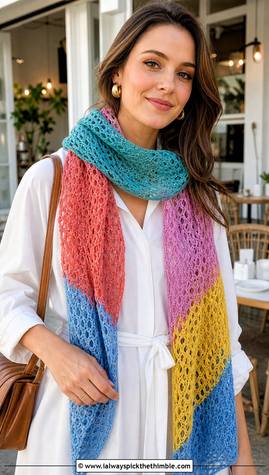 Lace Mesh Crochet Rainbow Scarf With Shirt Dress And Loafers - 15 Crochet Rainbow Scarf outfit ideas