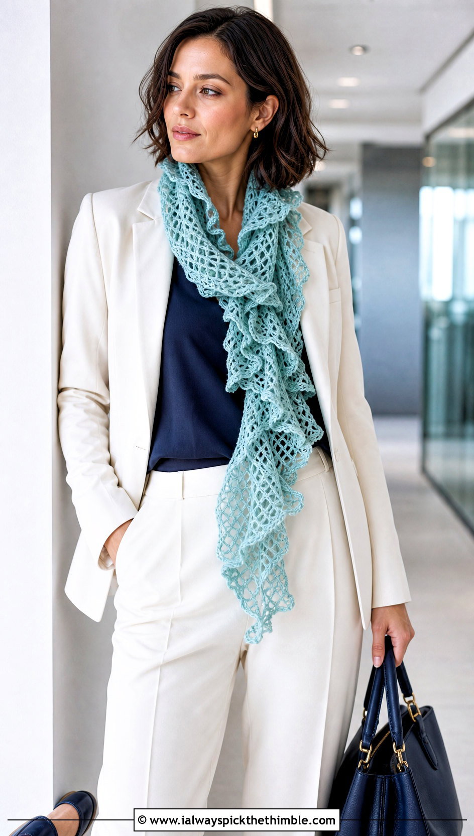 Lace Mesh Crochet Ruffle Scarf With Pantsuit And Loafers - 20 crochet ruffle scarf outfit ideas