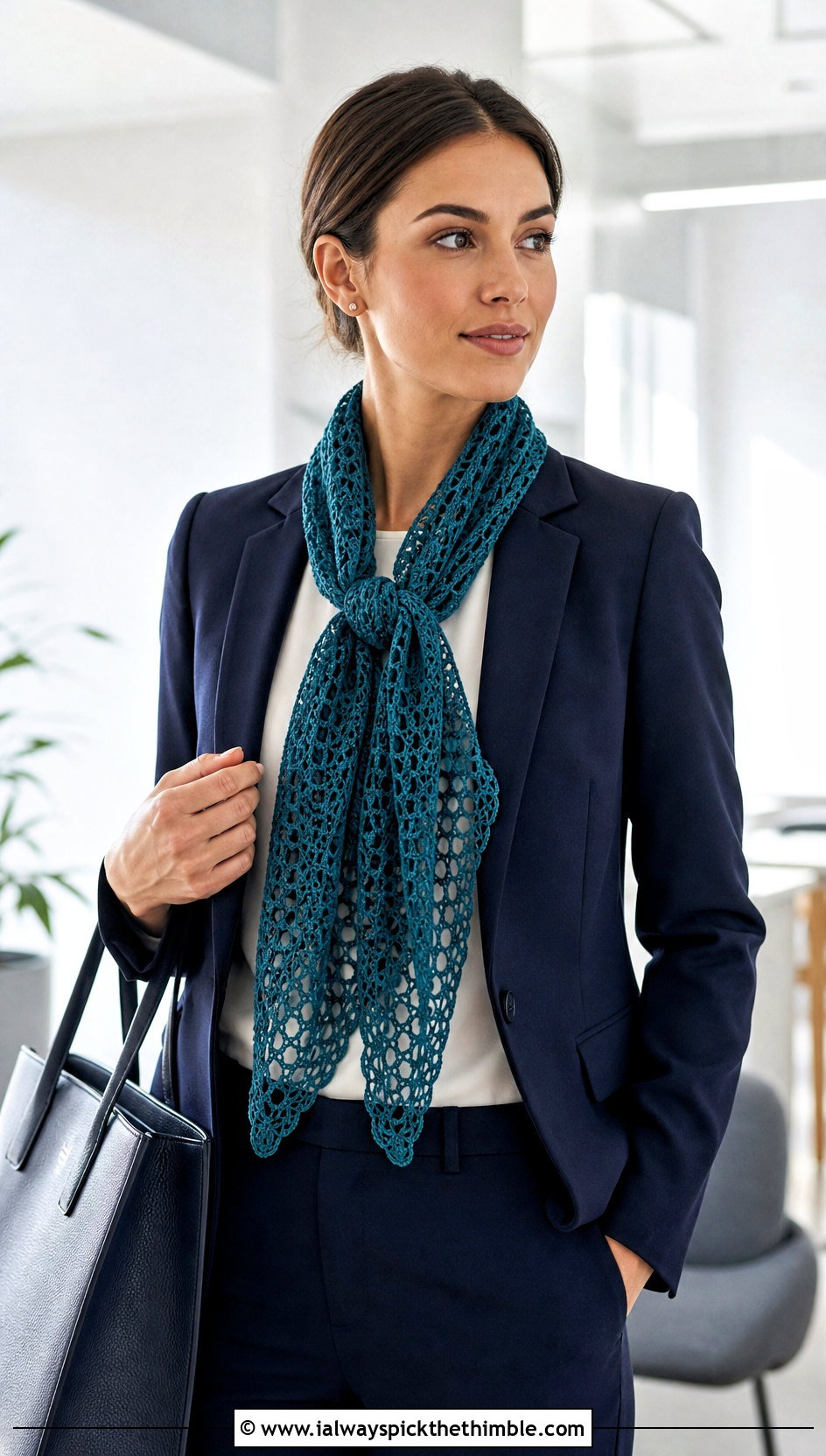 Lace Mesh Crochet Sally Scarf With Blazer And Trousers - 20 Crochet Sally Scarf outfit ideas
