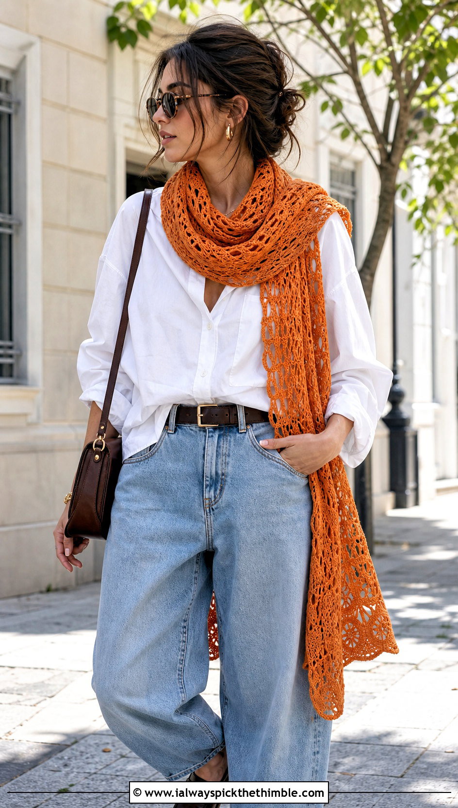 Lace Mesh Crochet Scarf With Barrel Jeans - 15 unusual crochet scarf outfit ideas