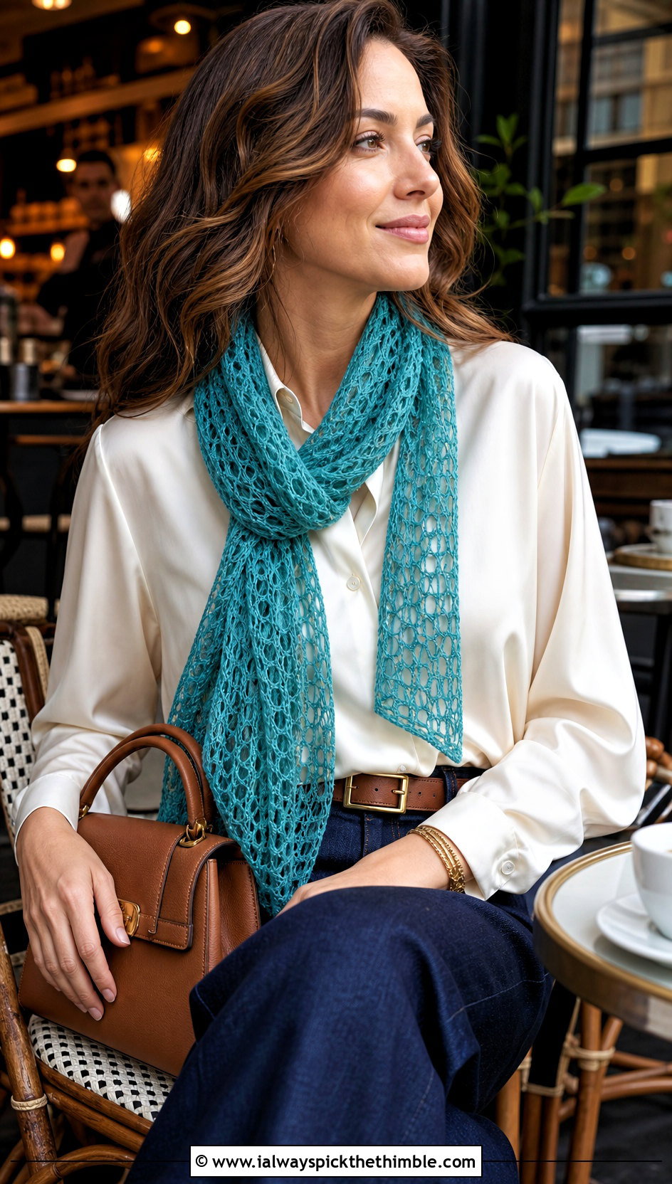 Lace Mesh Crochet Scarf With Satin Blouse and Wide Leg Jeans - 25 fall crochet scarf outfit ideas