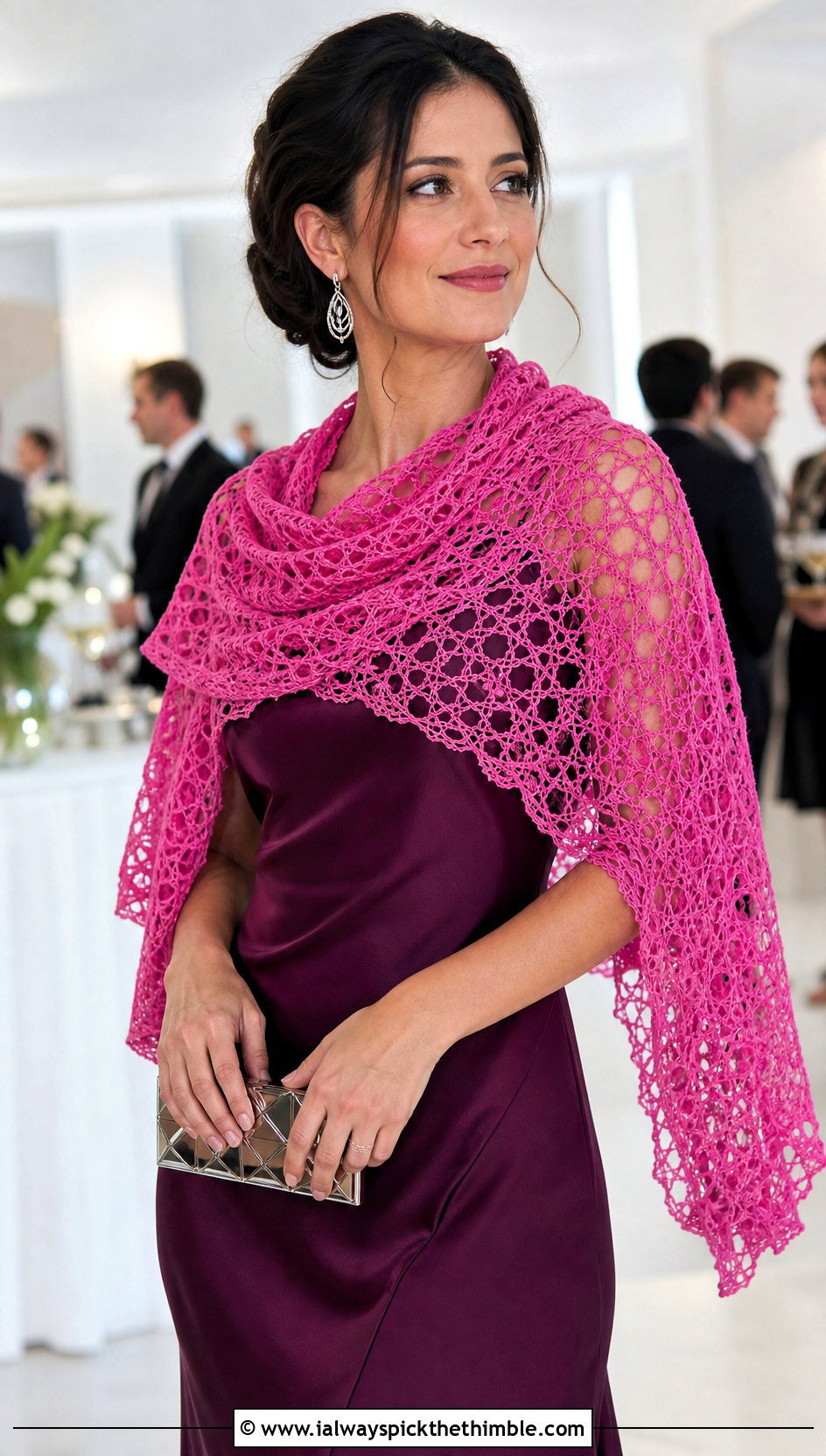 Lace Mesh Crochet Scarf With Satin Dress - 20 Beautiful Crochet Scarf outfit ideas