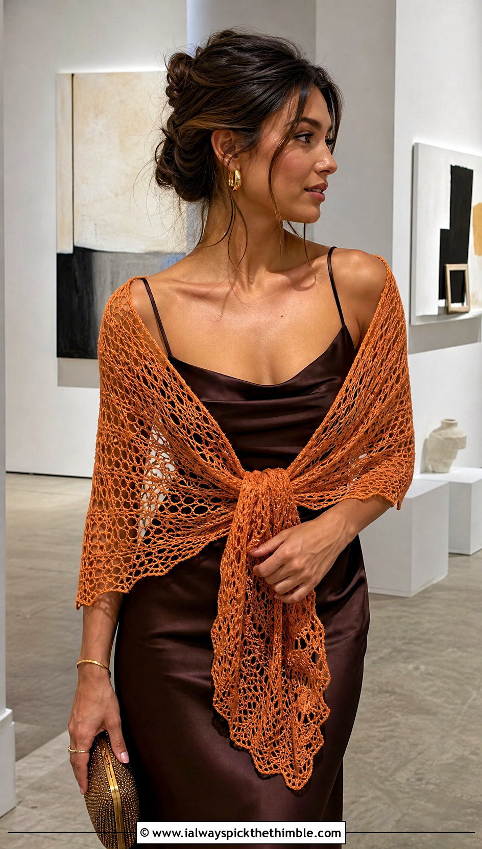 Lace Mesh Crochet Scarf With Satin Slip Dress - 20 super crochet scarf outfit ideas
