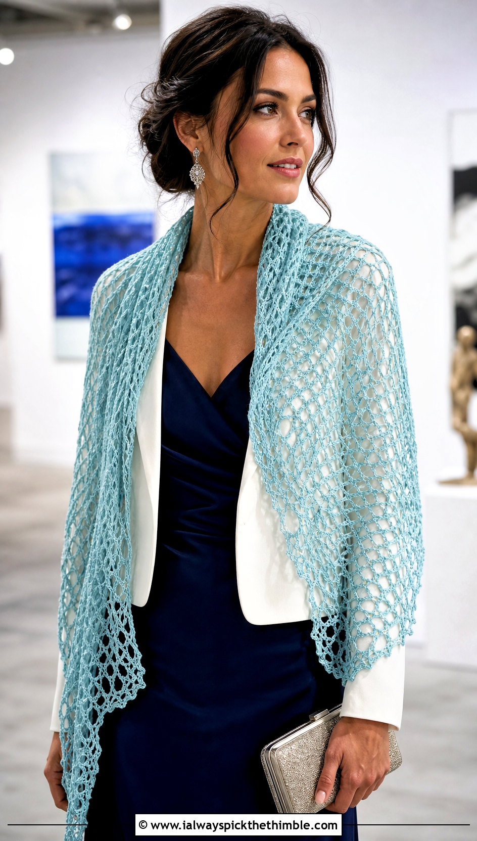 Lace Mesh Crochet Scarf With Slip Dress - 20 pretty crochet scarf outfit ideas