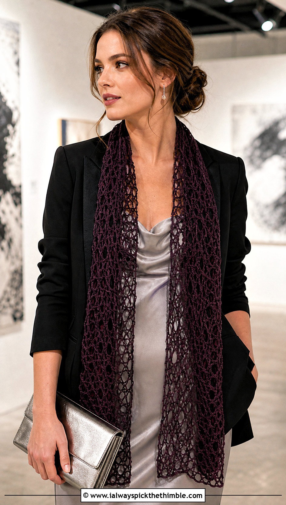 Lace Mesh Crochet Scarf With Slip Dress And Blazer - 25 fun crochet scarf outfit ideas
