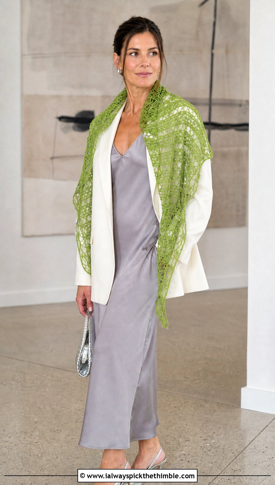 Lace Mesh Crochet Scarf With Slip Dress And Blazer - 25 easy crochet scarf outfit ideas