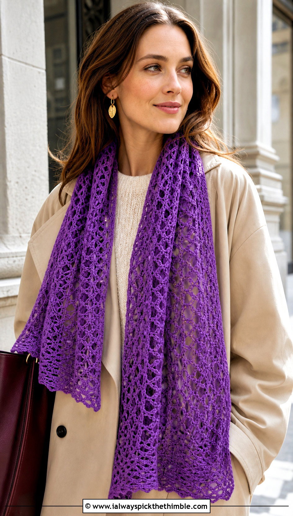 Lace Mesh Crochet Scarf With Trench Coat - 15 Crochet Fancy Scarf outfit ideas