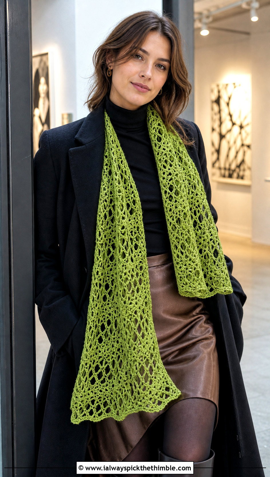 Lace Mesh Crochet Scarf With Turtleneck And Satin Skirt - 15 Winter Crochet Scarf Design outfit ideas