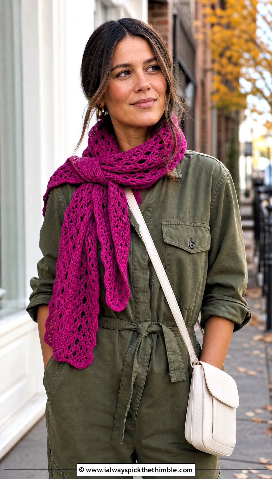 Lace Mesh Crochet Scarf With Utility Jumpsuit - 15 Crochet Fall Scarf outfit ideas