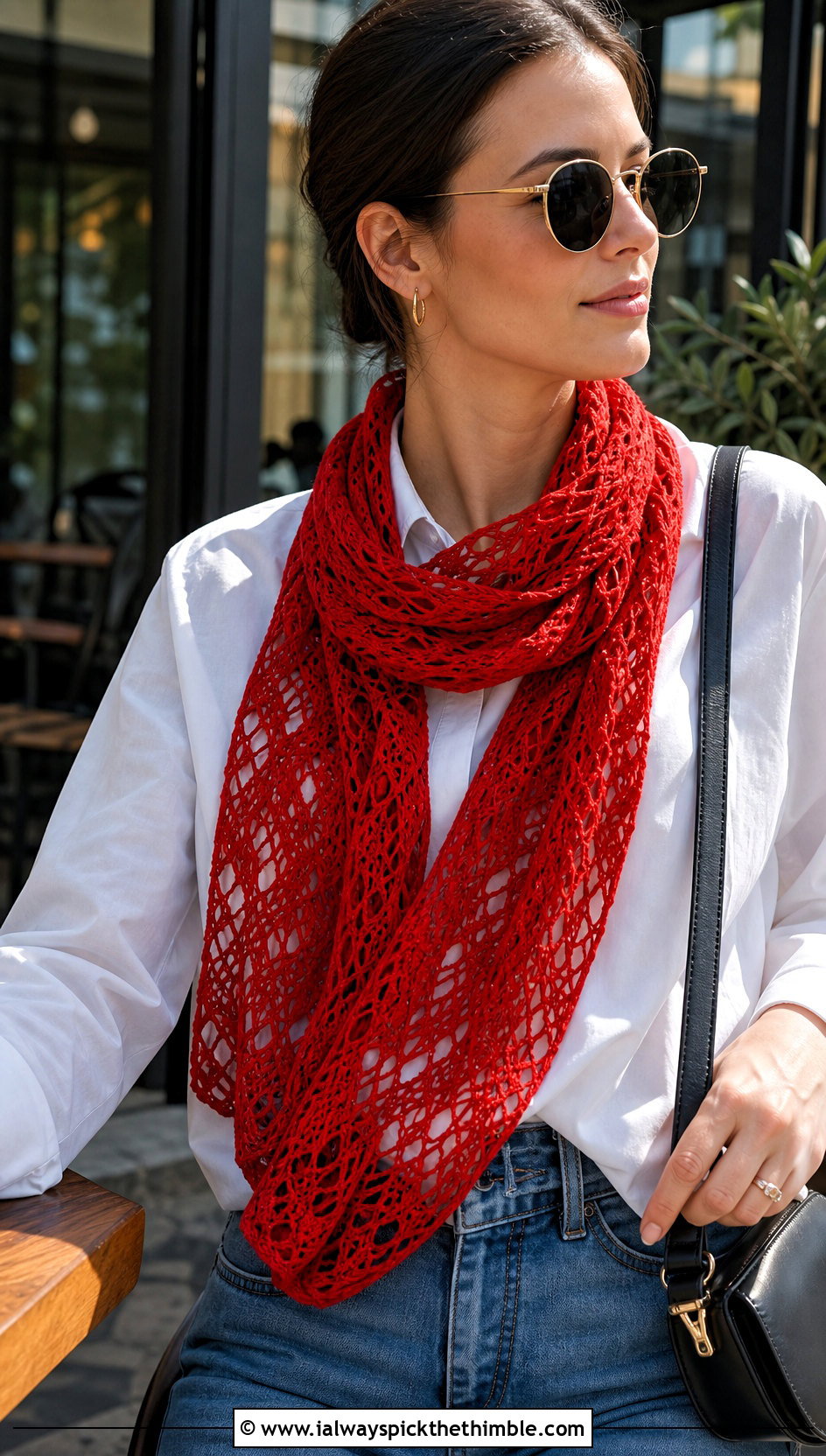 Lace Mesh Crochet Scarf With White Shirt And Jeans - 15 Light Weight Crochet Scarf outfit ideas