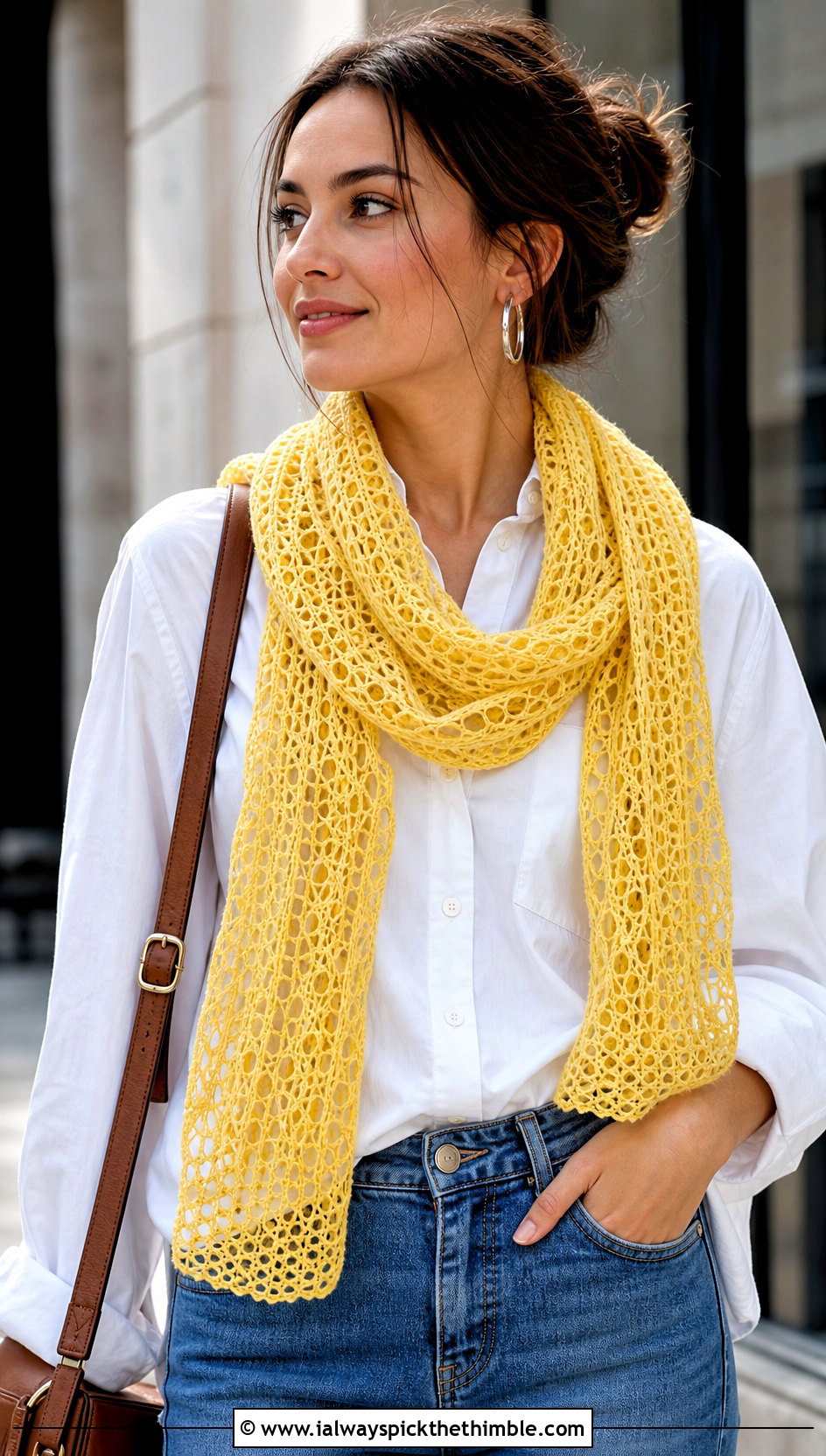 Lace Mesh Crochet Scarf With White Shirt And Jeans - 15 Light Crochet Scarf outfit ideas