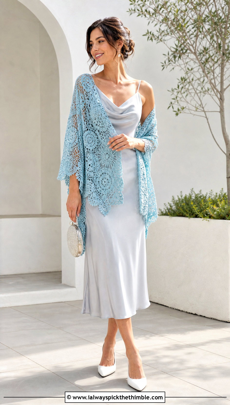 Lace Mesh Crochet Shawl With Slip Dress - 25 crochet wrap shawl outfit ideas