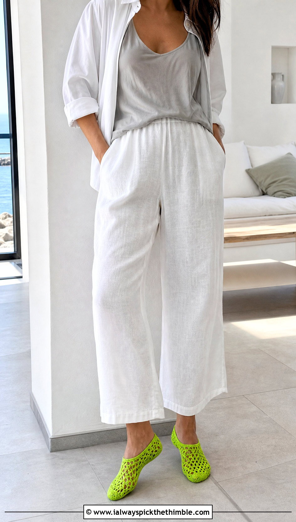 Lace Mesh Crochet Sock Slippers With Wide Leg Pants And Camisole - 20 crochet sock slippers outfit ideas
