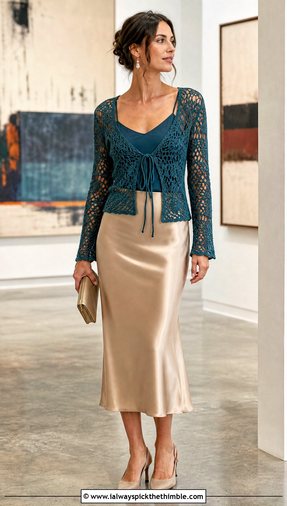 Lace Mesh Crochet Tie Cardigan With Satin Midi Skirt - 25 crochet tie cardigan outfit ideas