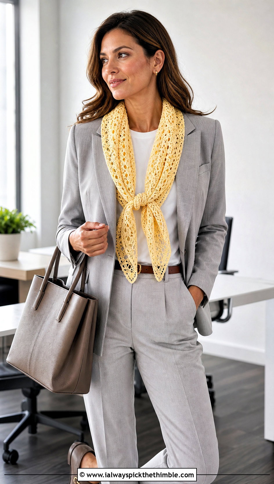 Lace Mesh Crochet Triangle Scarf With Blazer And Trousers - 25 crochet triangle scarf outfit ideas